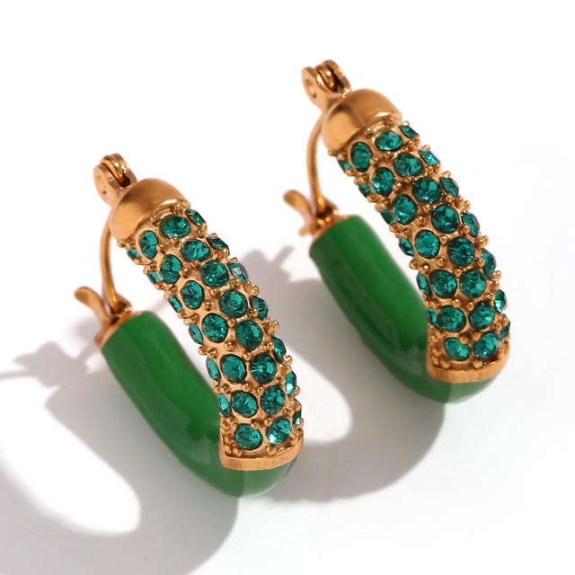 Luxury pave setting rhinestone enamel stainless steel huggie earrings