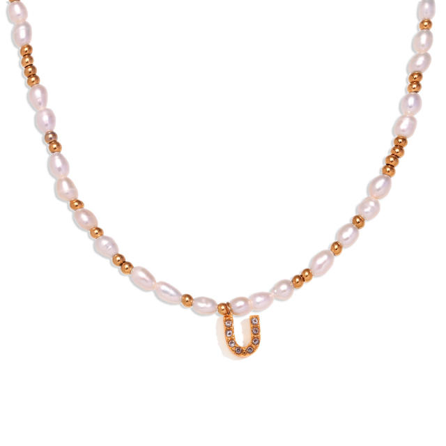 Chic diamond initial letter water pearl choker necklace