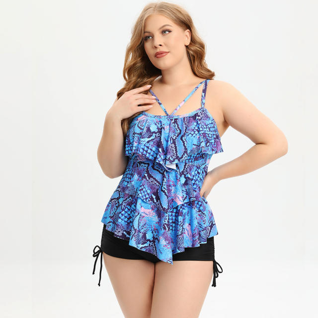 Plus size color printing ruffle two piece swimsuit