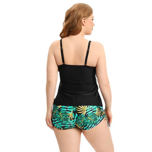 Plus size color printing ruffle two piece swimsuit
