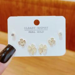 Delicate opal stone clover copper ear studs set
