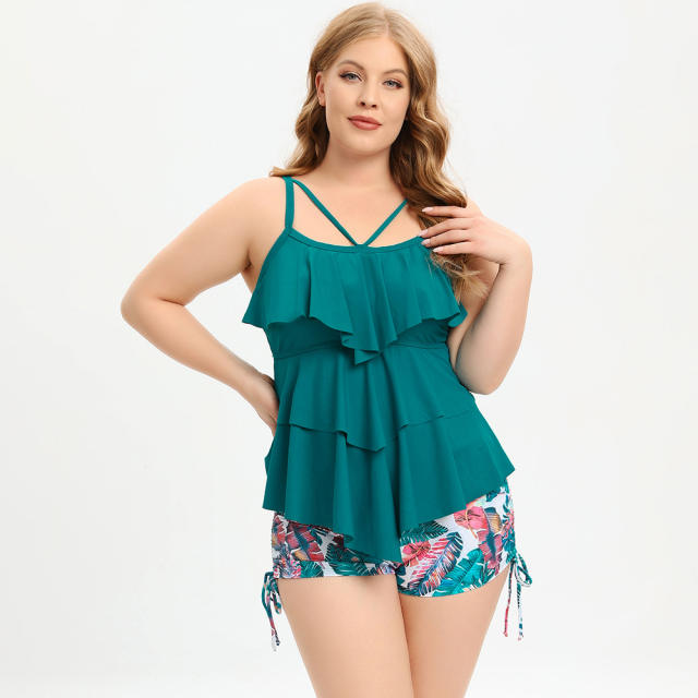 Plus size color printing ruffle two piece swimsuit
