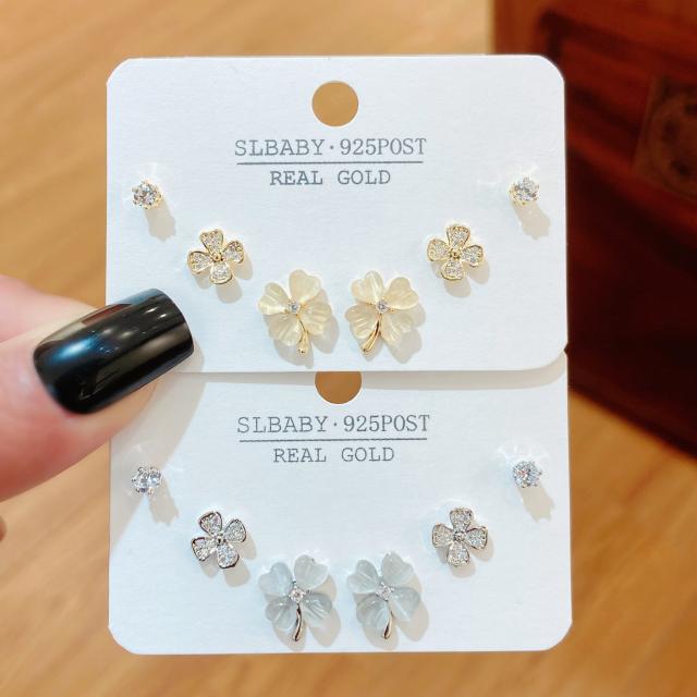 Delicate opal stone clover copper ear studs set