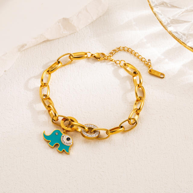 Vintage evil eye elephant charm stainless steel chain bracelet