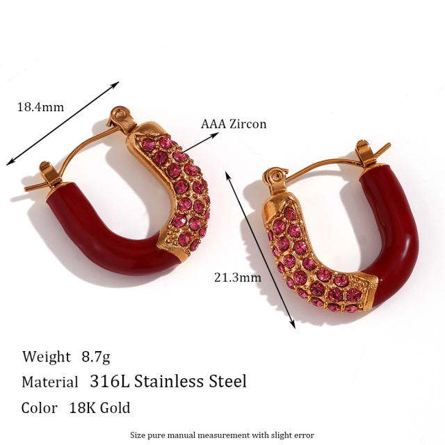 Luxury pave setting rhinestone enamel stainless steel huggie earrings