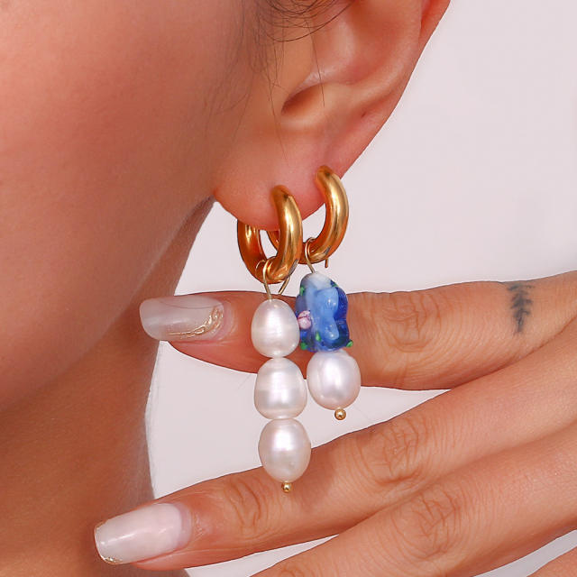 18KG water pearl bead flower stainless steel Asymmetric earrings