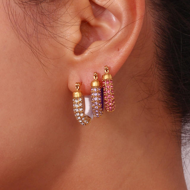 Luxury pave setting rhinestone enamel stainless steel huggie earrings