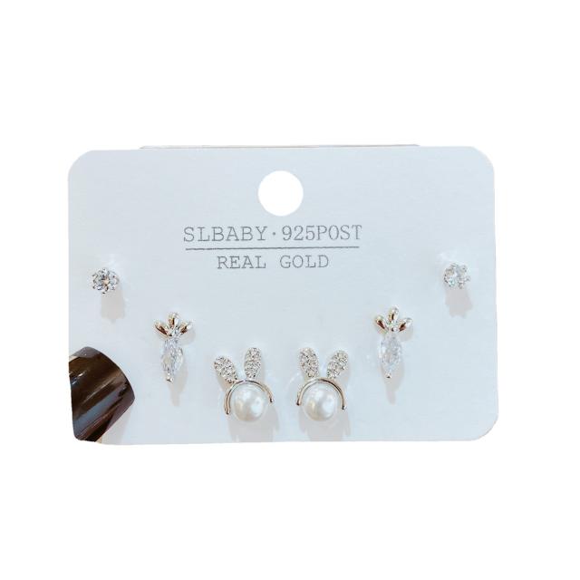 Cute pearl rabbit copper ear studs set