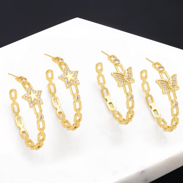 Personality gold plated copper butterfly star hoop earrings