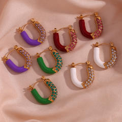 Luxury pave setting rhinestone enamel stainless steel huggie earrings