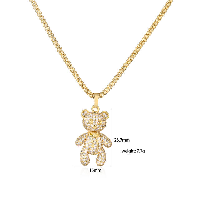 Luxury pave setting cz heart bear pendant copper necklace