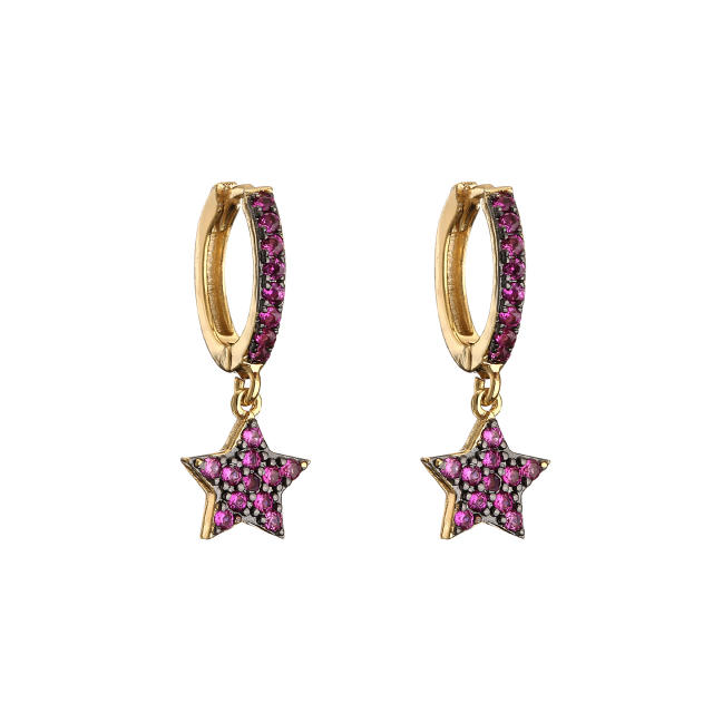 Delicate color cubic zircon star heart copper huggie earrings