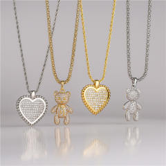 Luxury pave setting cz heart bear pendant copper necklace