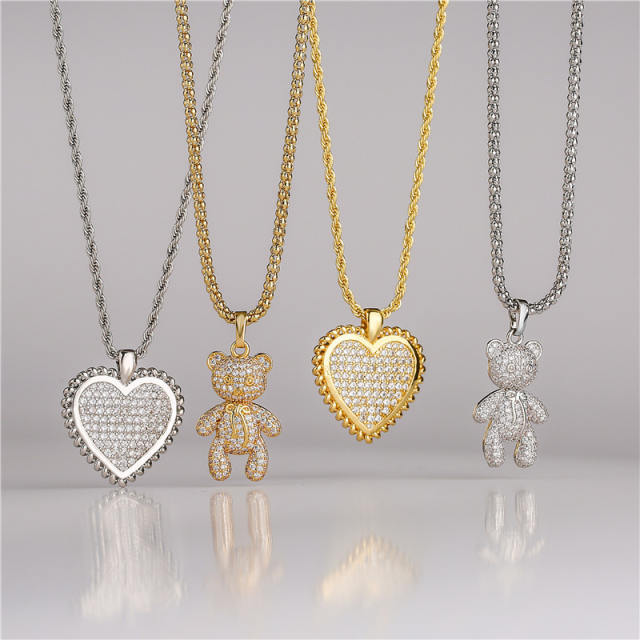 Luxury pave setting cz heart bear pendant copper necklace