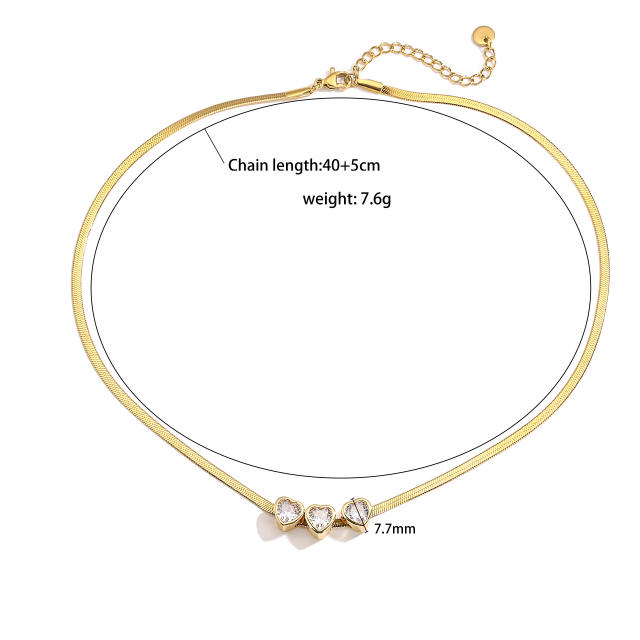 Delicate heart cubiz zircon stainless steel snake chain necklace