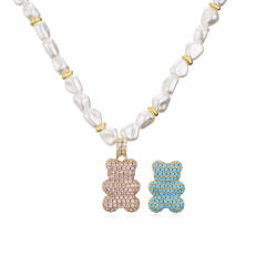 Pave setting cz funny bear pendant pearl copper necklace bracelet