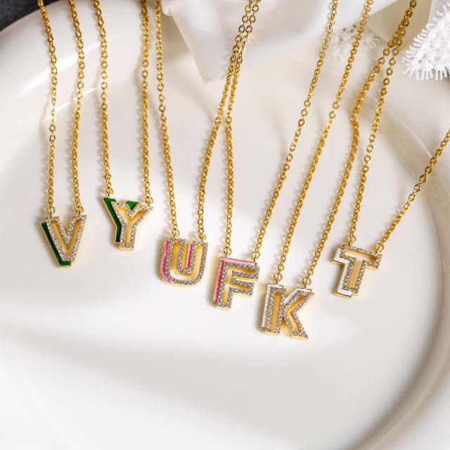 Color enamel hollow initial copper necklace