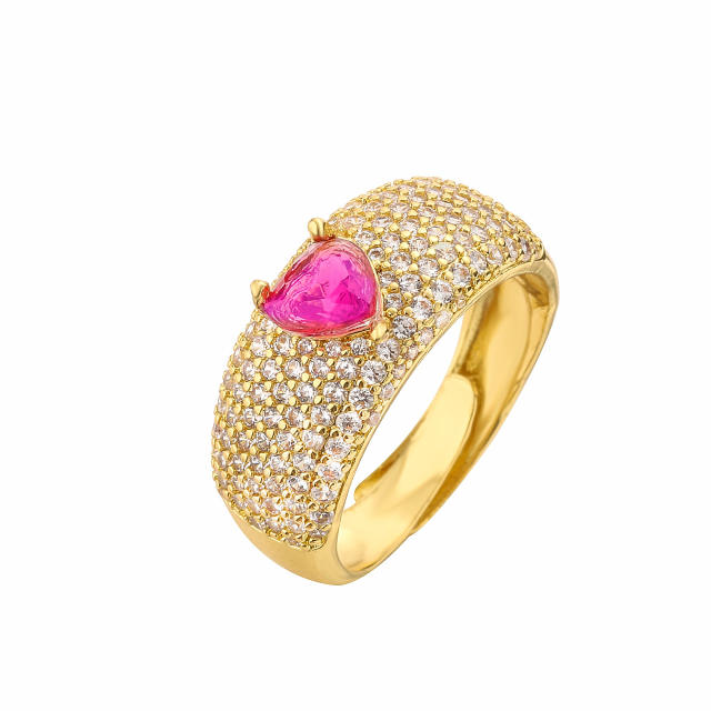Luxury pave setting cz colorful heart copper rings earrings