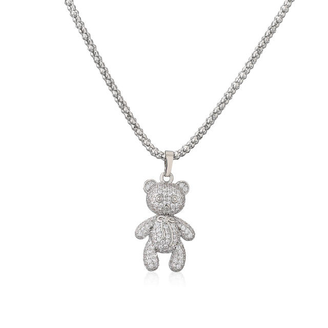 Luxury pave setting cz heart bear pendant copper necklace