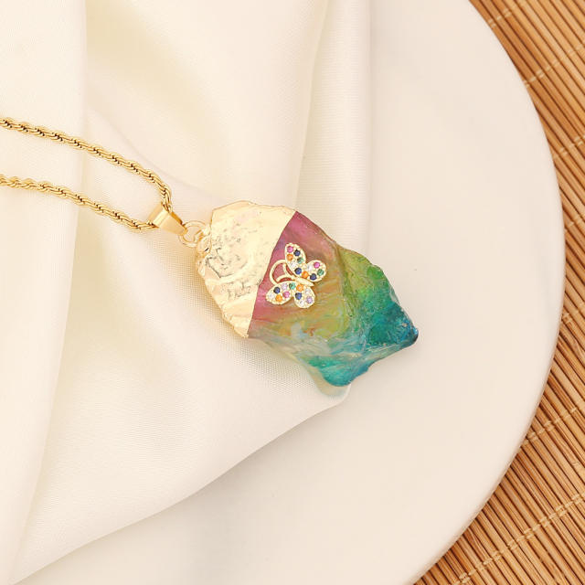 Personality colorful crystal stone pendant stainless steel chain necklace