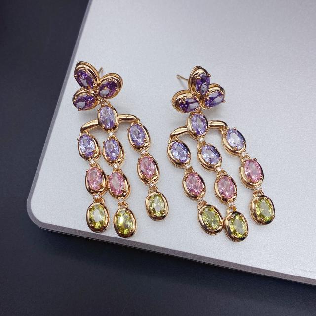 925 needle color cubic zircon tassel copper earrings