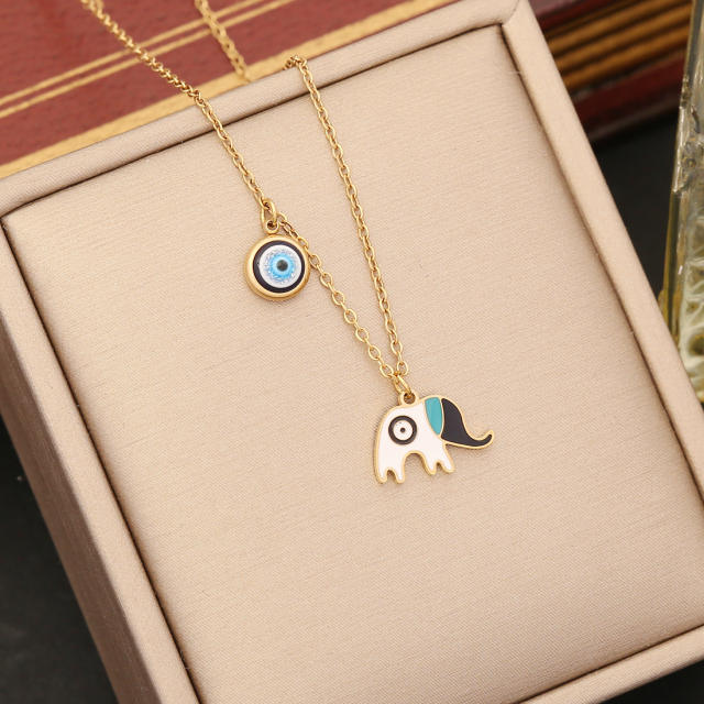 Sweet color enamel fish elephant animal pendant stainless steel necklace