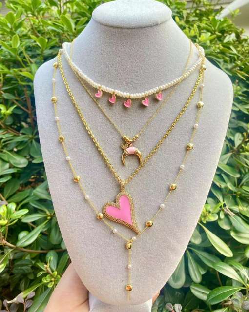 Y2K sweet pink color series layer necklace set