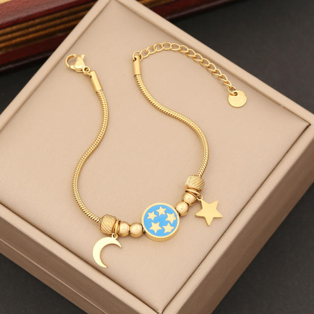 Enamel heart clover charm stainless steel bracelet