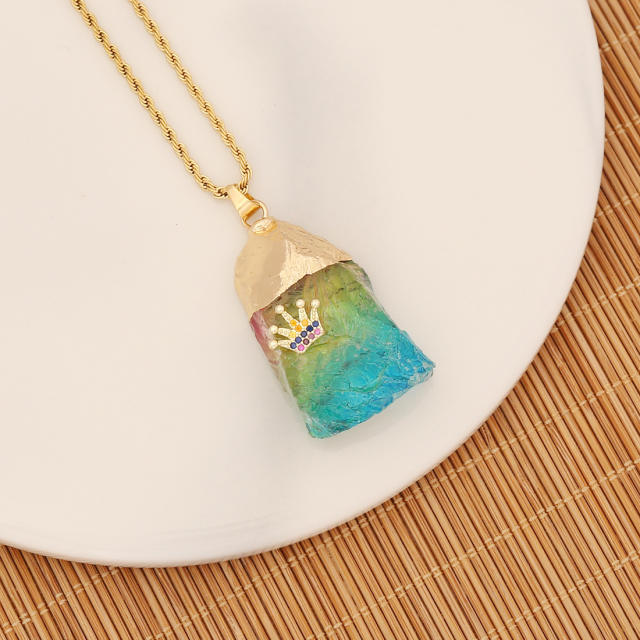 Personality colorful crystal stone pendant stainless steel chain necklace