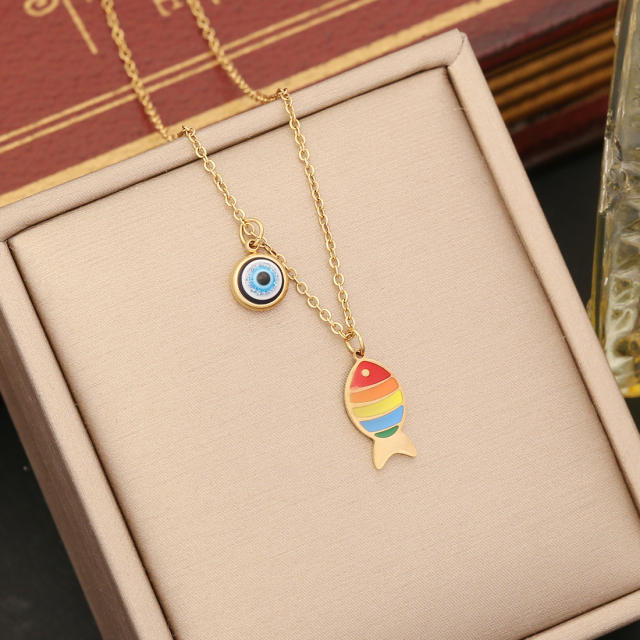 Sweet color enamel fish elephant animal pendant stainless steel necklace