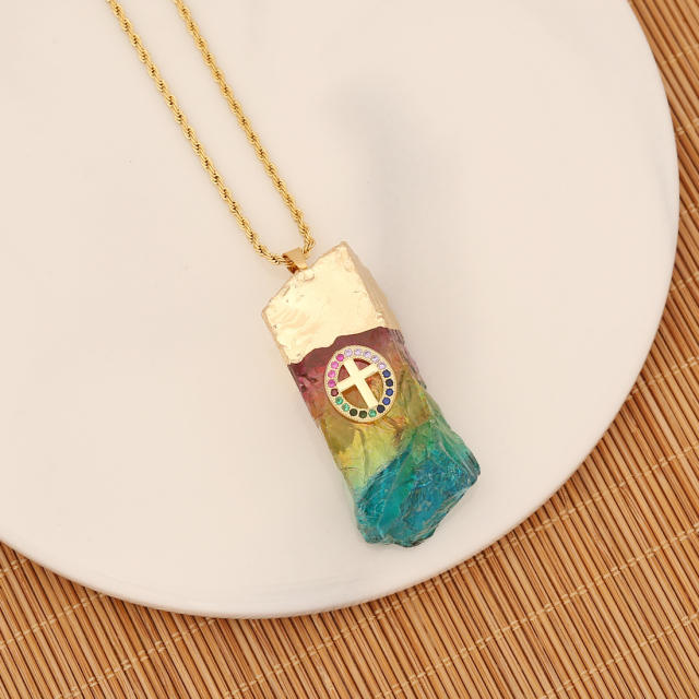 Personality colorful crystal stone pendant stainless steel chain necklace