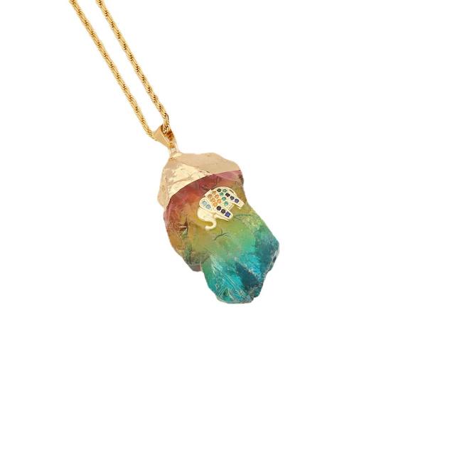 Personality colorful crystal stone pendant stainless steel chain necklace
