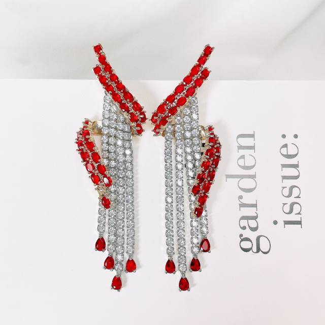 Luxury pave setting cubic zircon tassel copper earrings