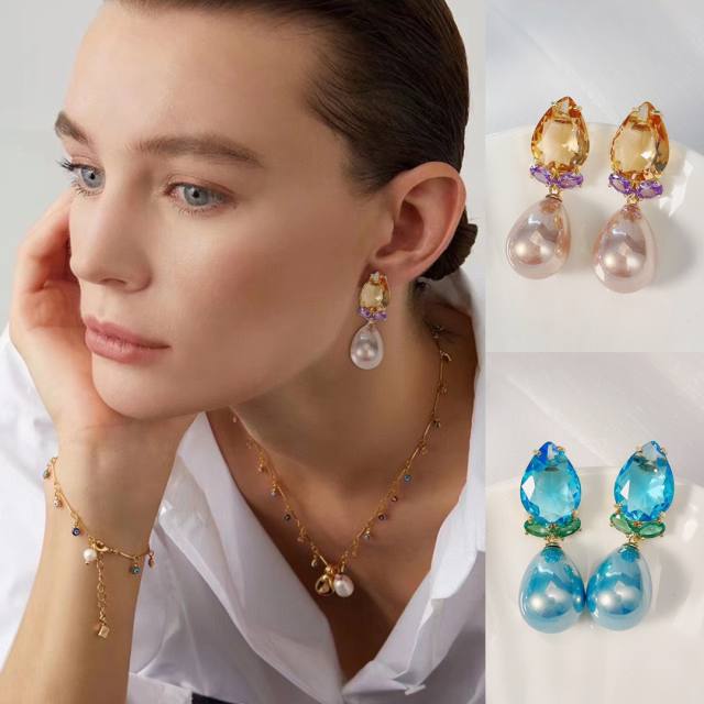 Elegant drop cubic zircon pearl copper earrings