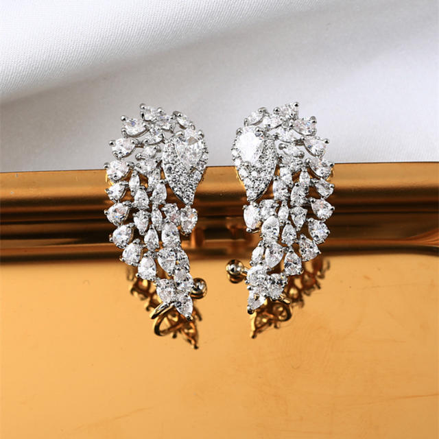 Delicate cubic zircon statement angel wing copper studs earrings