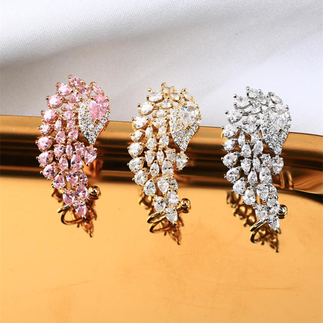 Delicate cubic zircon statement angel wing copper studs earrings
