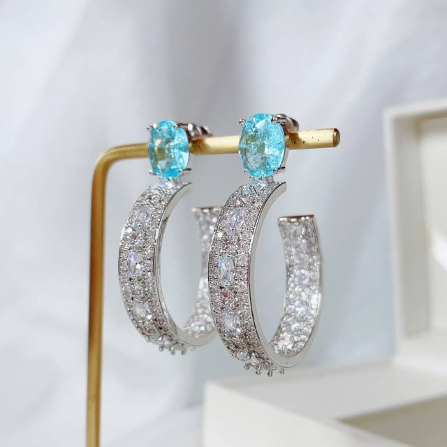 Luxury pave setting cubic zircon open hoop copper earrings