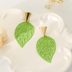 Fresh green color painting hollow leaf earrings