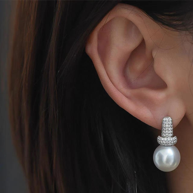 Elegant pave setting cubic zircon pearl copper studs earrings
