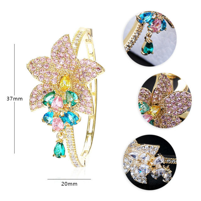 Luxury pave setting cubic zircon flower hoop copper earrings