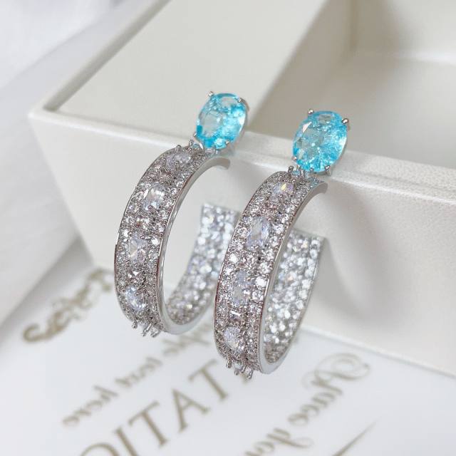 Luxury pave setting cubic zircon open hoop copper earrings