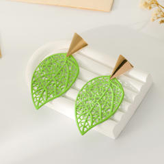 Fresh green color painting hollow leaf earrings