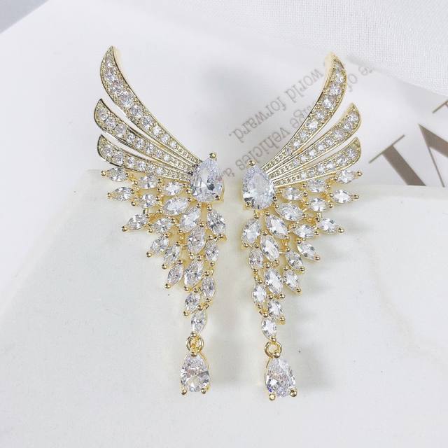 Luxury color cubic zircon statement tassel copper wing earrings