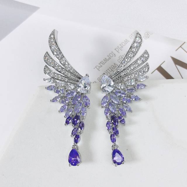 Luxury color cubic zircon statement tassel copper wing earrings