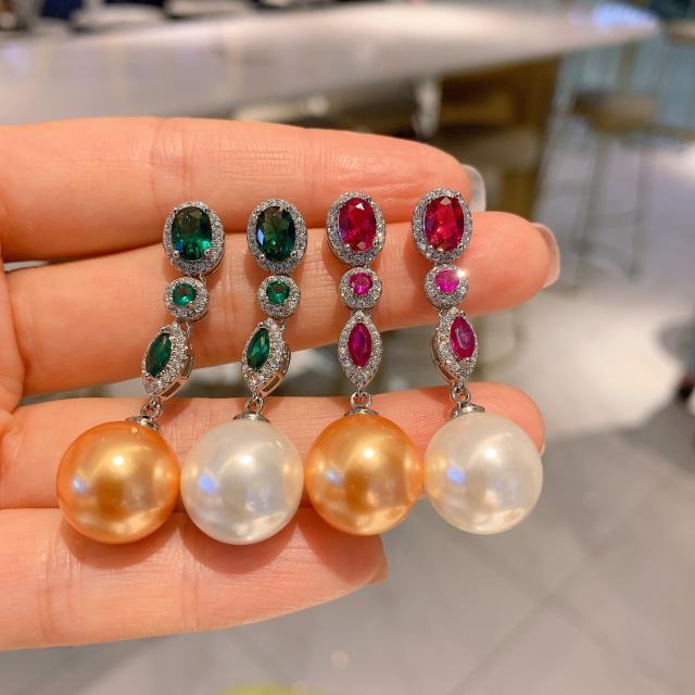 Elegant color cubic zircon pearl dangle earrings