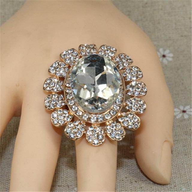 Luxury glass crystal statement alloy adjustable rings