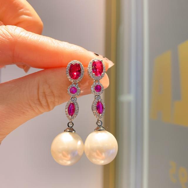 Elegant color cubic zircon pearl dangle earrings
