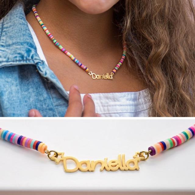 Custom stainless steel name color clay bead necklace