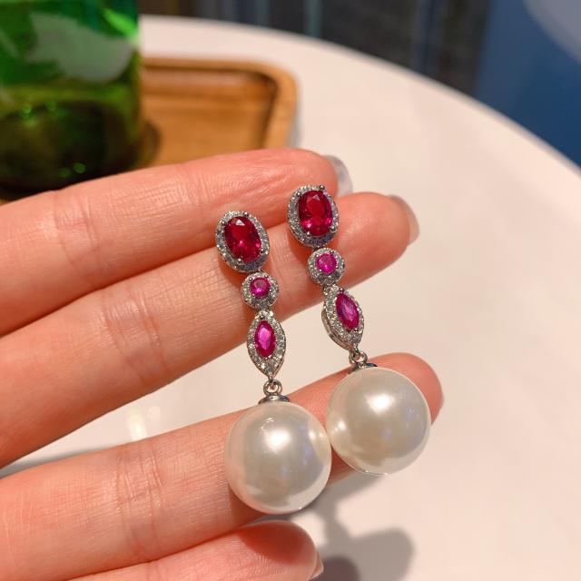 Elegant color cubic zircon pearl dangle earrings