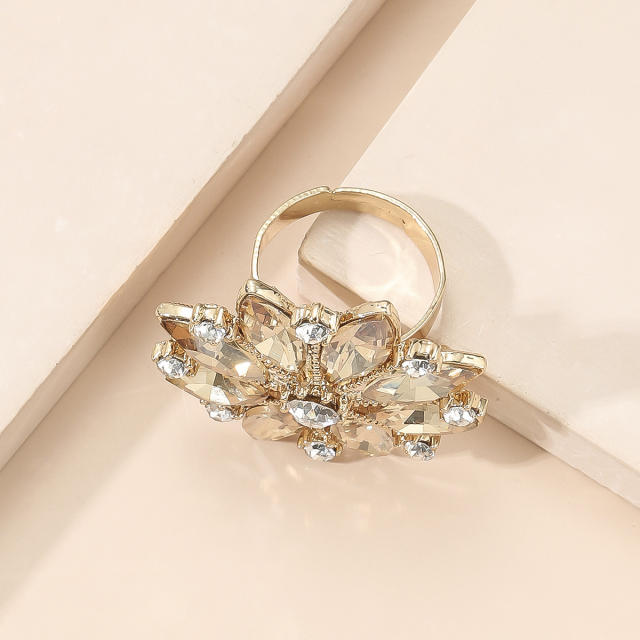 Luxury champagne glass crystal statement flower adjustable alloy rings